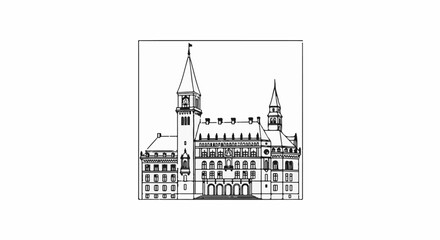 Obraz premium Ornate building with towers and arched entrance, line art