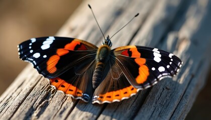 Naklejka premium Red admiral butterfly rests on weathered wood. Black orange white wing patterns are clear. Insect on textured timber surface. Wildlife close up.