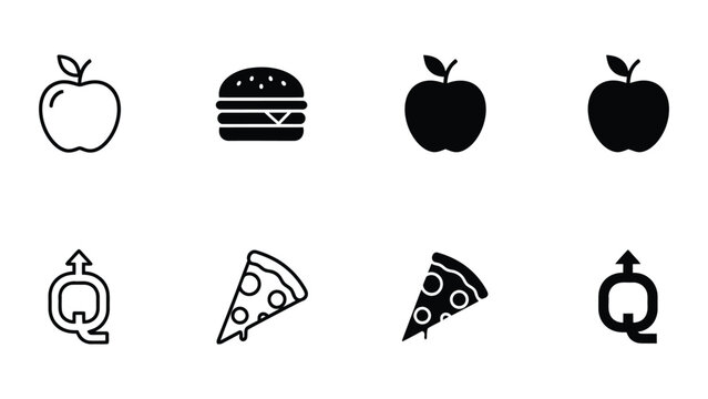 Contrast of food icons and recycling symbols in black and white line art