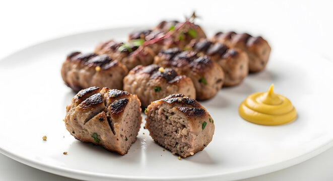 Cut Romanian garlic sausages or mititei in white plate accompanied with mustard sauce on white background