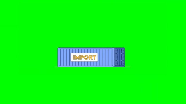 2D Animation of Blue Cargo Container With Import Label Dropping From Above on Green Background