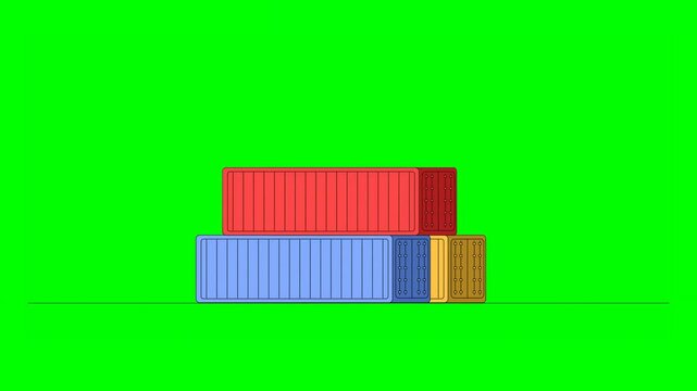 2D Animated Illustrated Cargo Containers Arranged in Stack in Blue, Red, Yellow Colors on Green Background