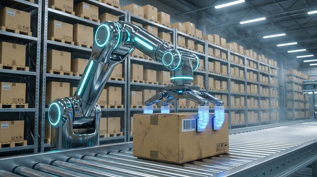 A robotic arm is picking up a cardboard box on a conveyor belt in a modern warehouse with shelves of boxes in the background.