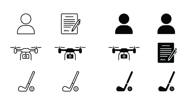 Icons depicting various combinations of people, drones, and golf clubs with documents