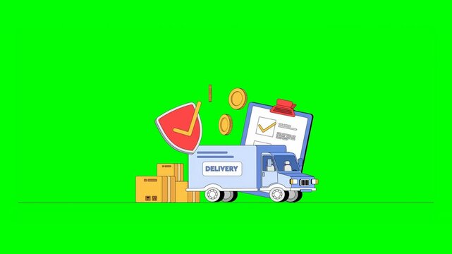 2D Animated Truck Labeled Delivery Transporting Boxes With Clipboard and Checklist for Insurance Documentation in Background on Green Screen