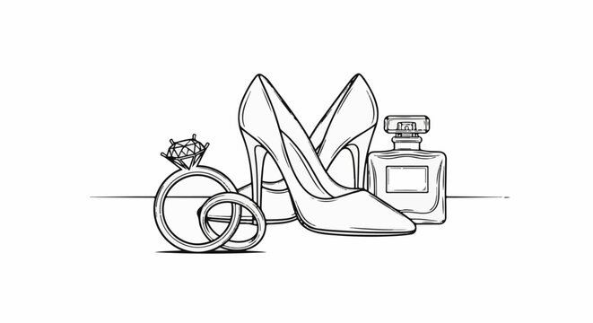 Elegant high heels, diamond ring, and perfume bottle depicted in a sketch