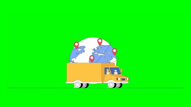 2D Animated Illustrated Yellow Delivery Truck Driving Along With Globe Map With Multiple Location PINs in Background on Green Background.