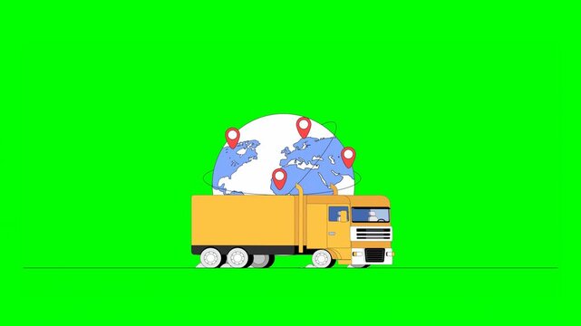 2D Animated Illustrated Yellow Delivery Trailer Driving Along With Globe Map With Multiple Location PINs in Background on Green Background.