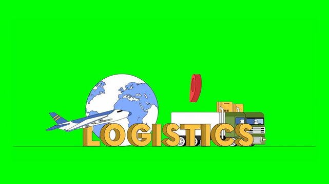 2D Animation of Illustrated Yellow Logistics Text in Bold Letters Illustrated With Airplane, Freight Trailer Truck, and Spinning Globe and Location PIN on Green Background