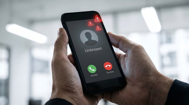 A person receiving a call from an unknown number on their smartphone in a modern office setting.