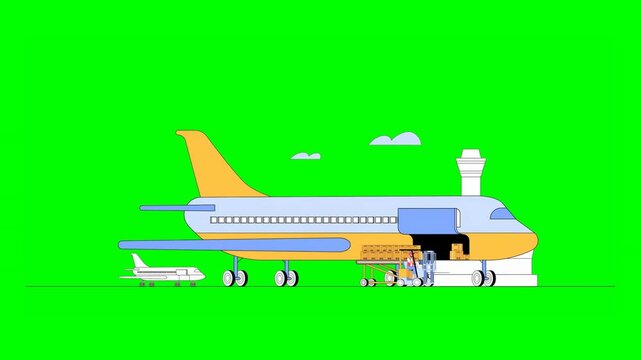 2D Animated Handlers Loading Various Parcels Into Cargo Hold of Aircraft at Airport on Green Background