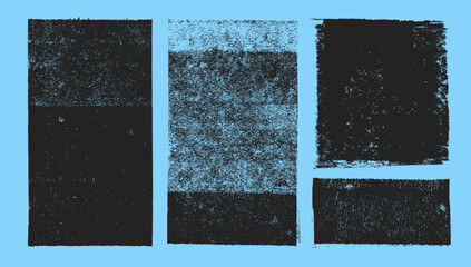 Plakat Grunge printmaking linocut texture set on sky blue background. Hand drawn x-ray effect rectangle shapes. Retro rustic stamp effect texture set. Old photo backdrop imprint silhouettes.