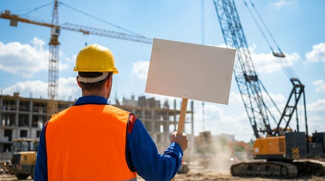 A construction worker wearing a yellow hard hat and orange safety vest holds a blank sign at an active building site with cranes and equipment orange vest holding sign construction site