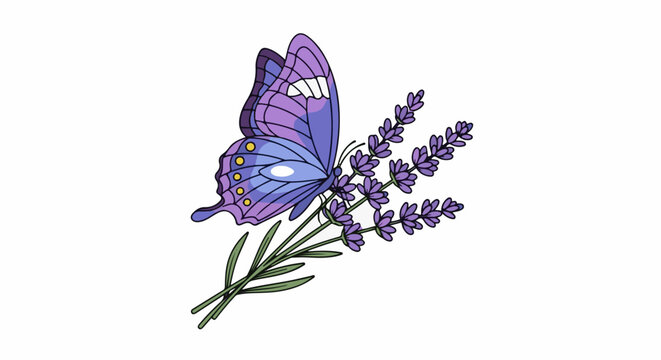 Purple butterfly resting on lavender sprigs with green stems