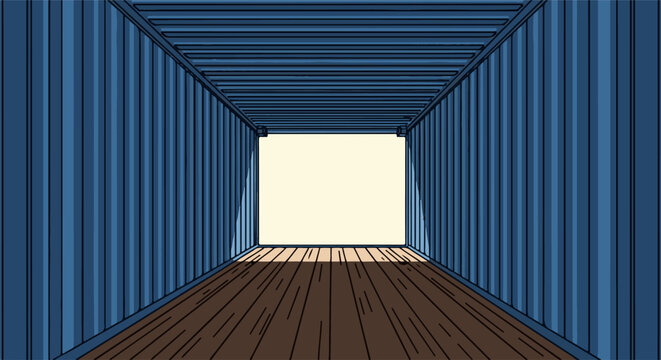 Inside a blue shipping container with open doors and a wooden floor