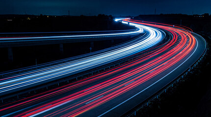 Winding highway at night with dramatic car light trails, conveying speed and modern transportation against a dark. © Jacqueline