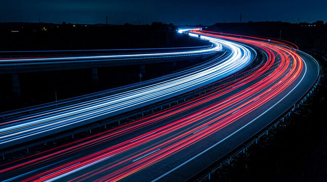 Winding highway at night with dramatic car light trails, conveying speed and modern transportation against a dark.