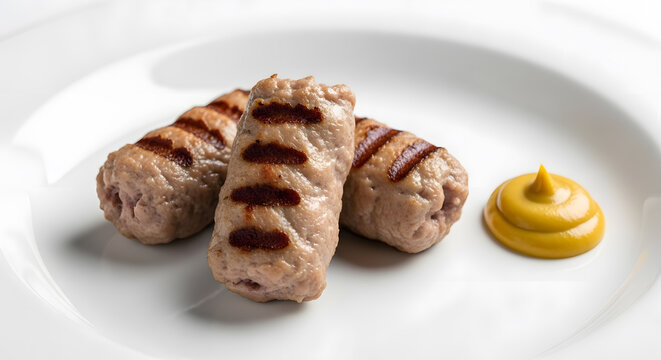 Mici or mititei, a Romanian grilled meat (beef, pork, lamb) with garlic flavor served with yellow mustard sauce on a white plate against clean background