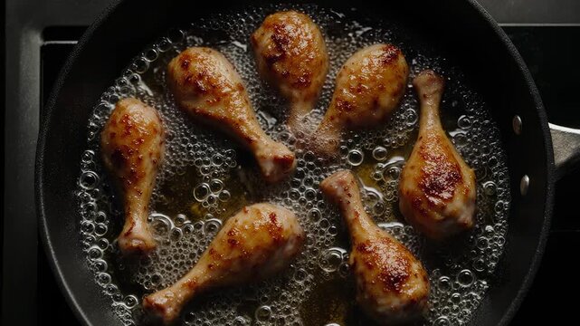 Chicken drumsticks frying into boiling oil, bubbling surface, crispy golden texture forming, 4K video