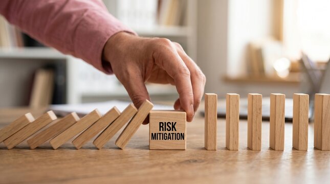 Risk Mitigation Concept: A human hand strategically prevents a chain reaction of falling dominoes, symbolizing effective risk management and the act of mitigating potential threats.