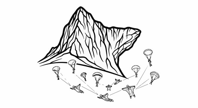 Mountain base jumpers and paratroopers descend from rocky peak
