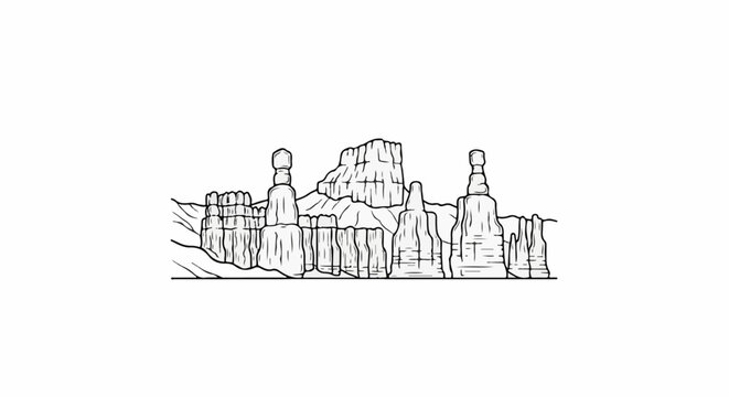 Stylized sketch of a desert landscape with prominent rock formations and mesas