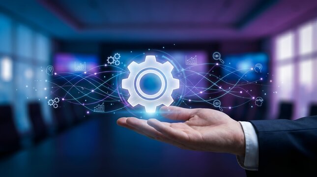 A hand in a business suit holding a glowing gear icon with network connections in a modern office background