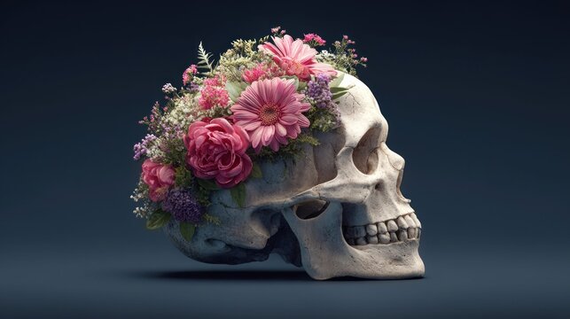 A human skull adorned with a vibrant crown of pink and purple flowers against a dark background