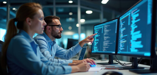 Two software engineers collaborate at office desks, analyzing code on multiple computer monitors. Teamwork in tech industry, men, women programmers working on project. Data analysis, digital