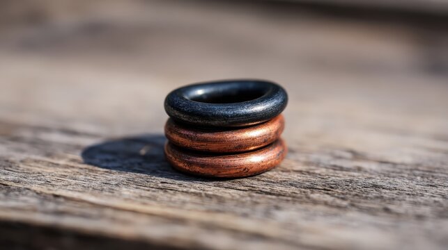 Close up of decorative rings on a wooden surface