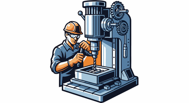 Craftsman operating a drill press with gears and safety equipment