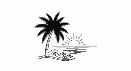 A black silhouette of a palm tree stands beside a stylized sunset over the ocean