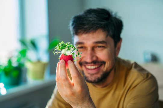 Smiling man holding red Easter egg with fresh microgreen