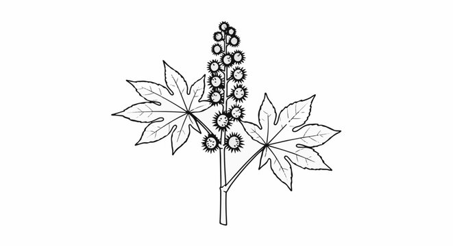 A line drawing of a castor bean plant with spiky seed pods and large leaves