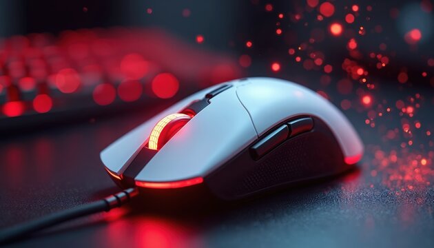 White gaming mouse with red light accents sits on desk. Keyboard in background with red lights. Modern computer peripheral for gamers and desktop setup. High precision input device.