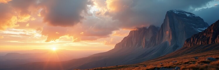 Obraz premium Majestic mountain peaks glow at sunrise with golden light. Clouds cast shadows over rugged terrain. Vast sky shows dramatic dawn colors. Peaceful nature scene.