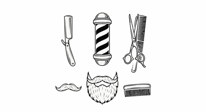 A collection of classic barber tools, including a straight razor, scissors, comb, barber pole, and beard