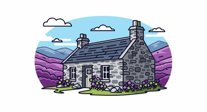 A charming stone cottage sits amidst rolling hills of purple heather and blue sky