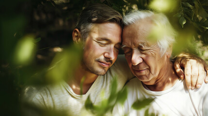 Naklejka premium Adult son embracing elderly father outdoors, sharing a tender moment of loving connection and family bond