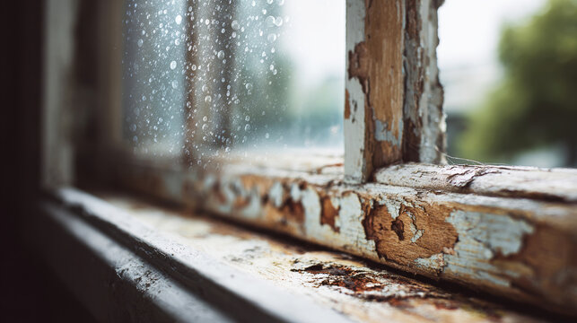Decaying wooden window frame with peeling paint and moisture damage, revealing raw wood, raindrops covering the glass