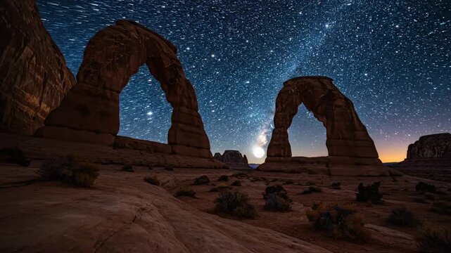 Time-lapse of Delicate Arch with the Milky Way and Stars in Arches National Park Utah