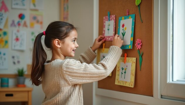 Young girl happily hangs childs drawings on classroom bulletin board. Kids art displayed with colorful pins. School child enjoys creativity and learning.