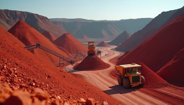 Vast red ore piles dominate mine landscape. Heavy machinery including haul truck and loader move material. Conveyor systems transport rock. Open pit excavation shows industrial extraction process.