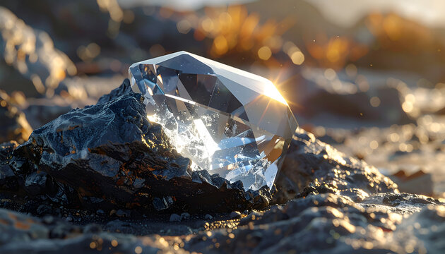 A Large, Brilliant Diamond Rests on a Rough, Dark Rock Surface.