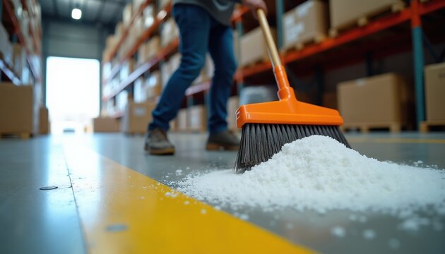 Worker swepic white granular substance on warehouse floor with broom. Stacks of boxes on shelves in background. Yellow line on concrete floor indicates walkway. Maintenance and cleaning.