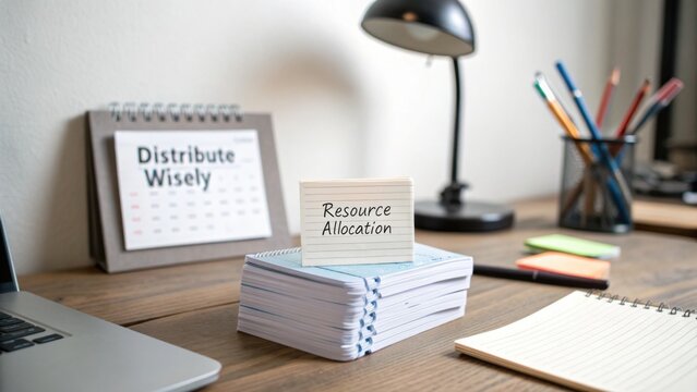 Desk Workspace with Resource Allocation Sign, Calendar, Stationery, and Laptop for Efficient Task Management and Planning