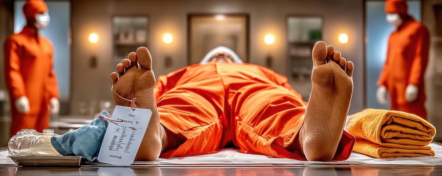 Dead body on a morgue table with toe tag and technicians in protective suits in background