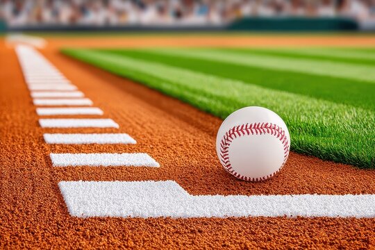 Close-up view of a baseball on the foul line at the edge of a baseball field