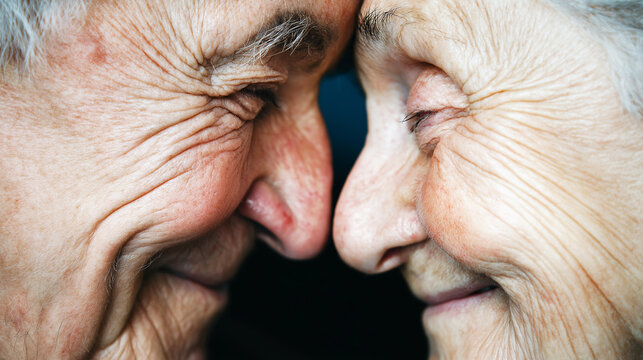 Elderly couple's faces touching, showing love, affection, and lasting emotional connection with a gentle expression