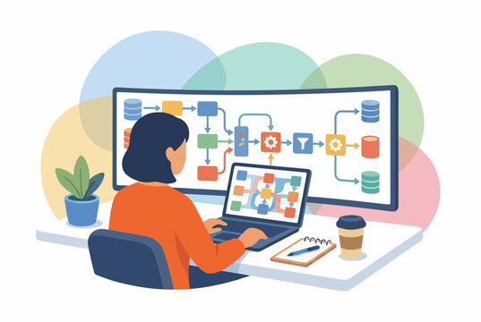 Woman Data Analyst Working on Complex Workflow and Process Mapping